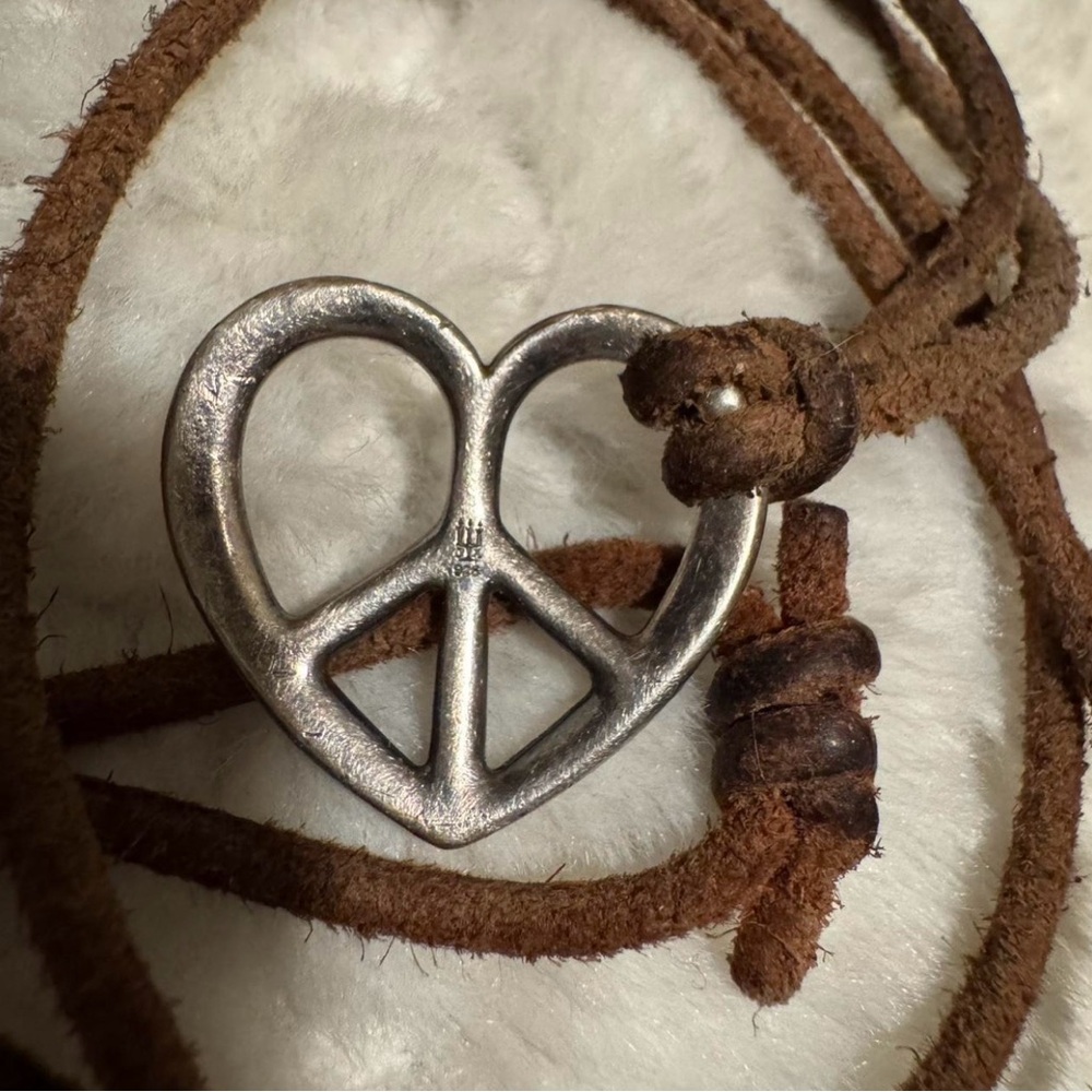 James Avery Brown Leather Necklace with Silver Heart Peace Sign Pendant - Picture 3 of 3